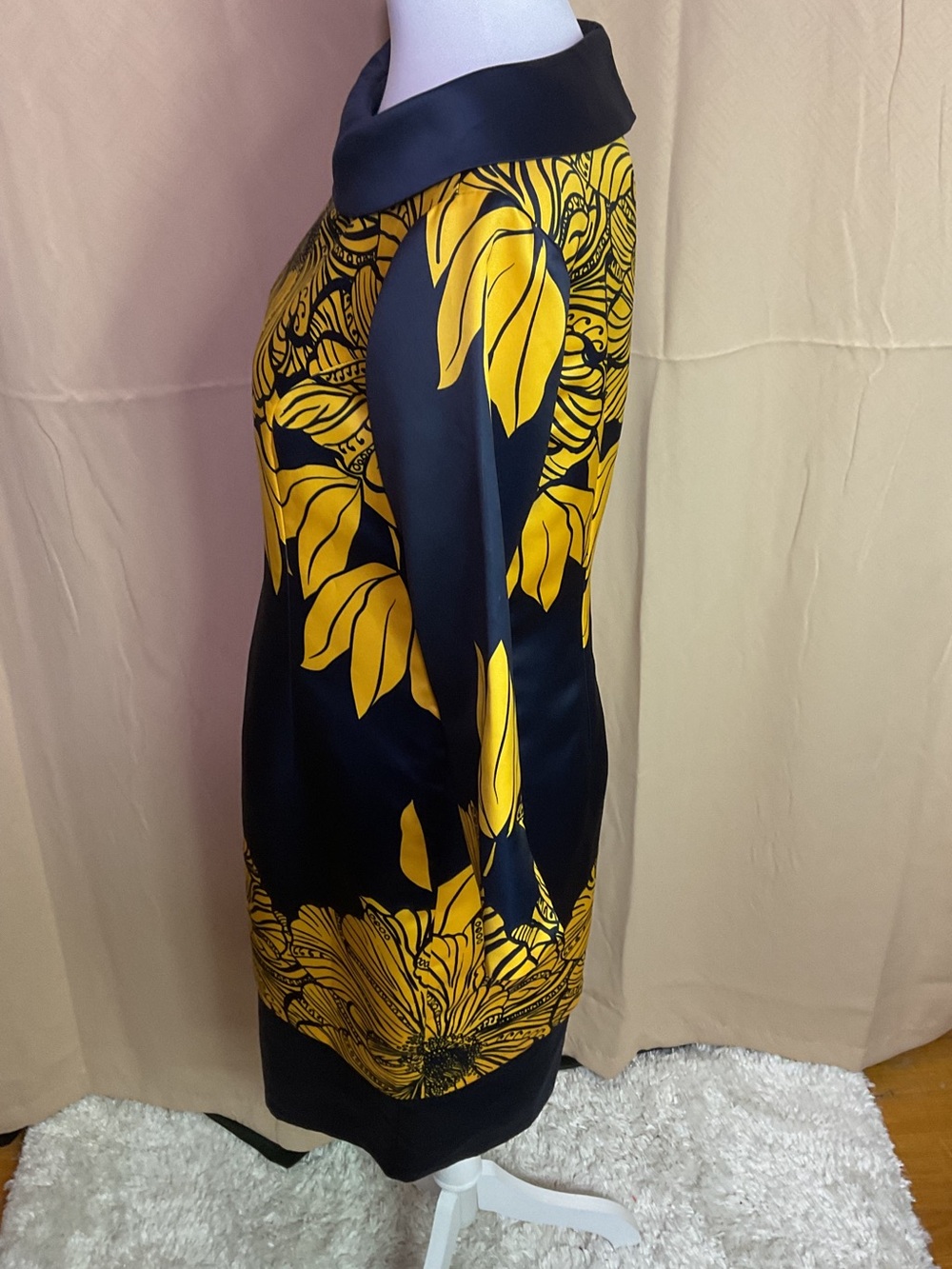 Ashro Navy Blue With Yellow Floral Print Vintage Dress - Picture 5 of 10